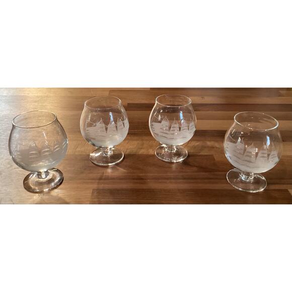 4 Toscany Clipper Ship Etched Frosted Brandy Snifter Glasses Footed 3.5” - Picture 1 of 9
